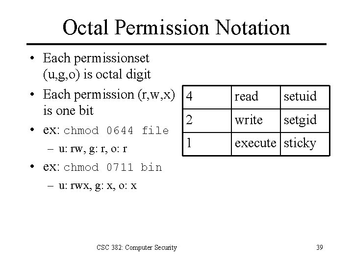 Octal Permission Notation • Each permissionset (u, g, o) is octal digit • Each