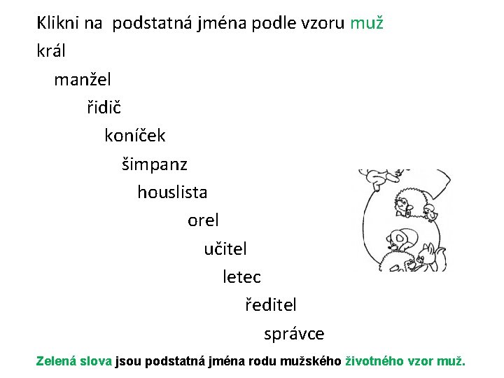 Klikni na podstatná jména podle vzoru muž král manžel řidič koníček šimpanz houslista orel