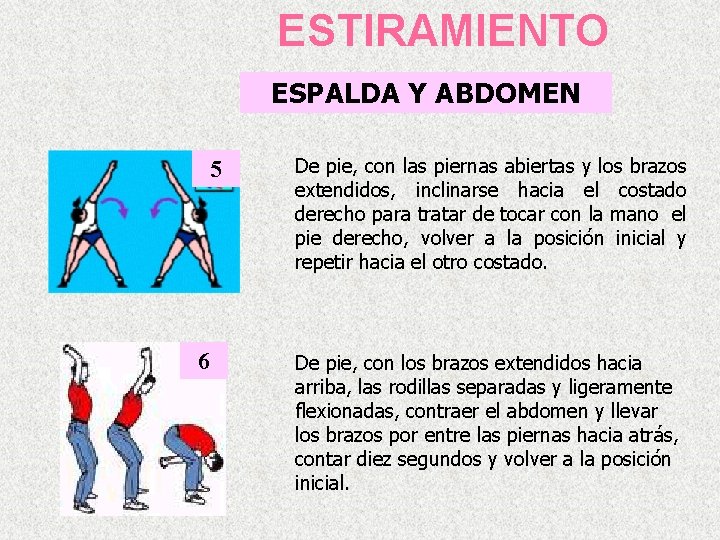 ESTIRAMIENTO ESPALDA Y ABDOMEN 5 6 De pie, con las piernas abiertas y los