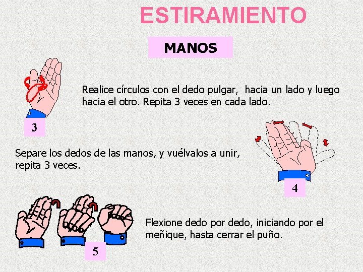 ESTIRAMIENTO MANOS Realice círculos con el dedo pulgar, hacia un lado y luego hacia