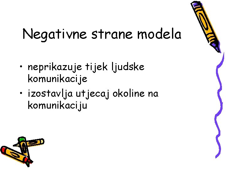 Negativne strane modela • neprikazuje tijek ljudske komunikacije • izostavlja utjecaj okoline na komunikaciju