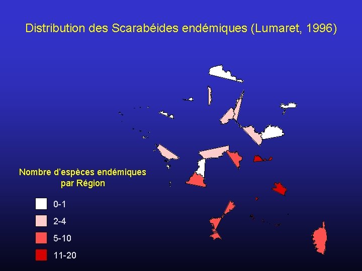 Distribution des Scarabéides endémiques (Lumaret, 1996) Nombre d’espèces endémiques par Région 0 -1 2