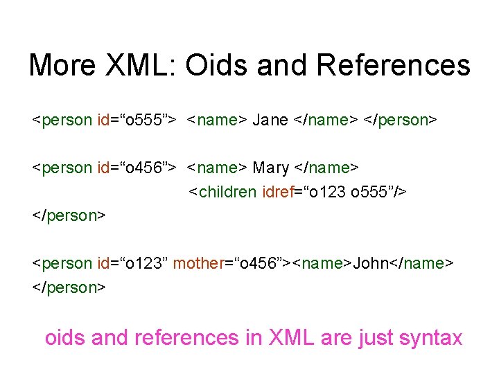 More XML: Oids and References <person id=“o 555”> <name> Jane </name> </person> <person id=“o