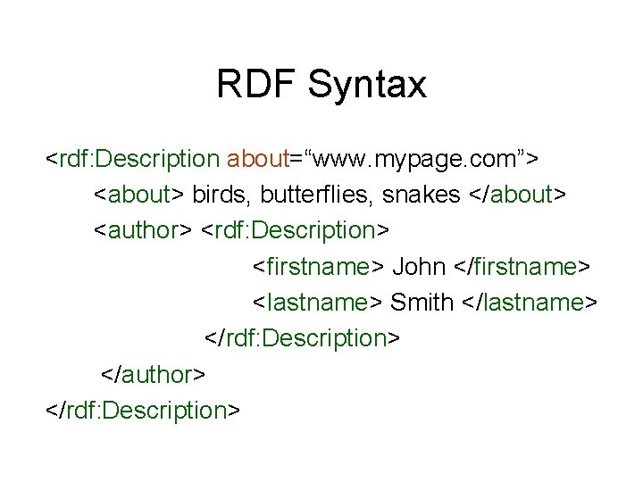 RDF Syntax <rdf: Description about=“www. mypage. com”> <about> birds, butterflies, snakes </about> <author> <rdf: