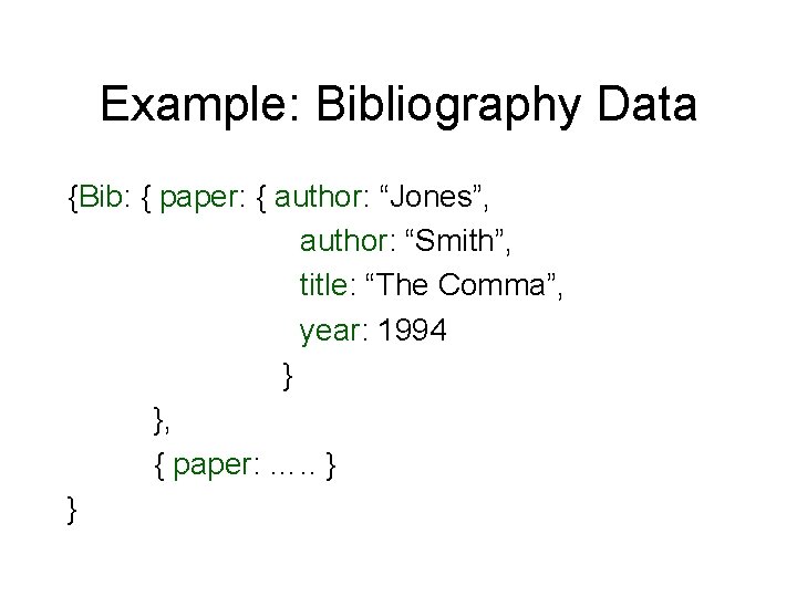 Example: Bibliography Data {Bib: { paper: { author: “Jones”, author: “Smith”, title: “The Comma”,