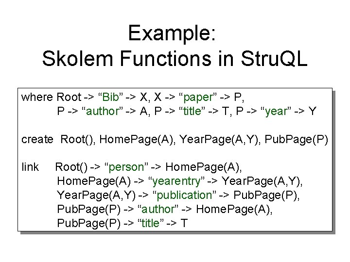 Example: Skolem Functions in Stru. QL where Root -> “Bib” -> X, X ->