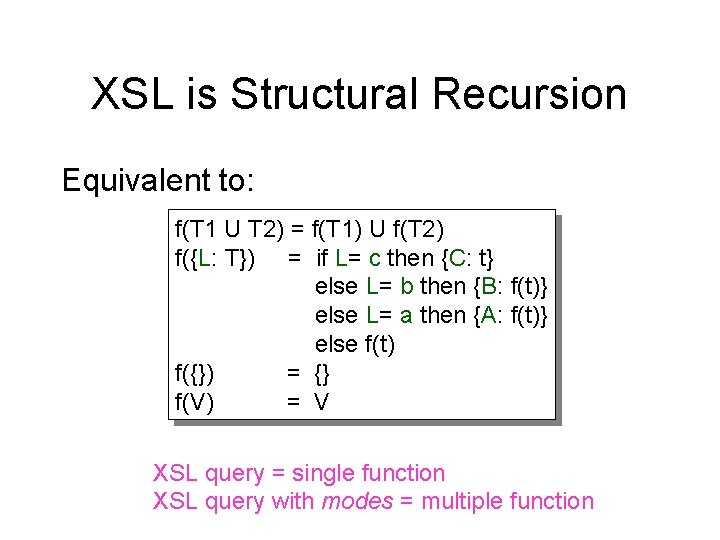 XSL is Structural Recursion Equivalent to: f(T 1 U T 2) = f(T 1)