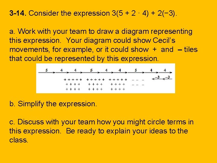 3 -14. Consider the expression 3(5 + 2 · 4) + 2(− 3). a.