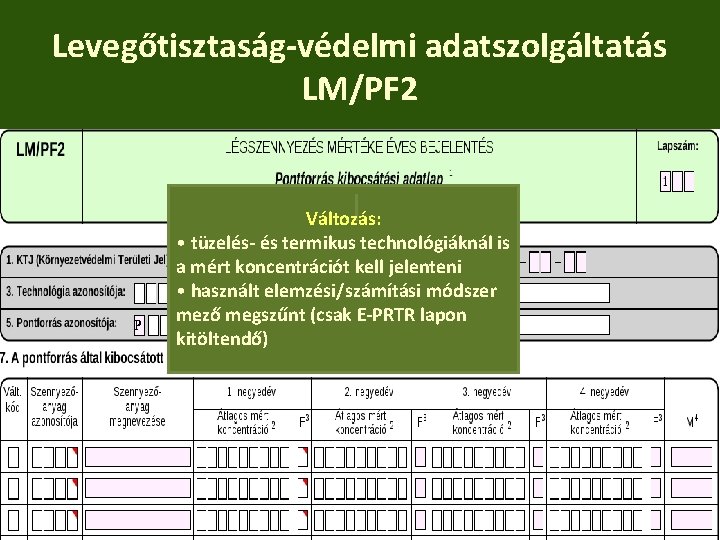 Levegőtisztaság-védelmi adatszolgáltatás LM/PF 2 Változás: • tüzelés- és termikus technológiáknál is a mért koncentrációt