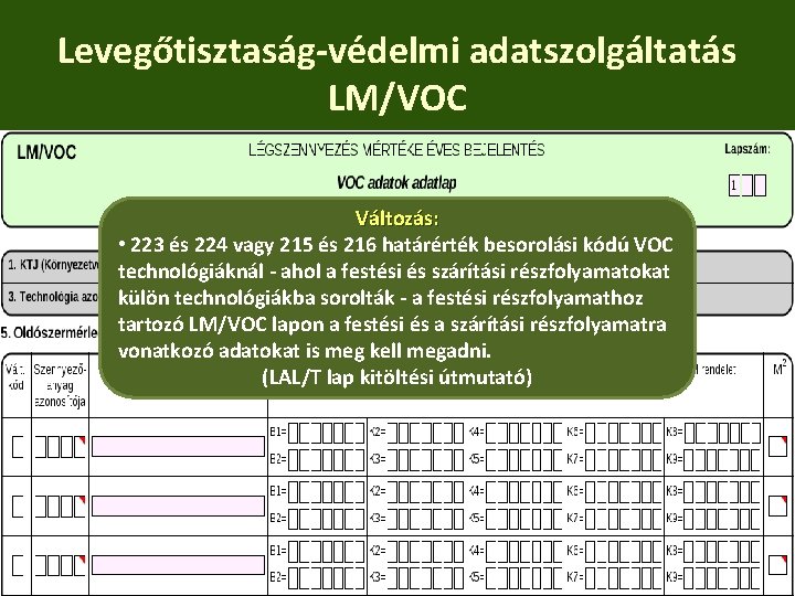 Levegőtisztaság-védelmi adatszolgáltatás LM/VOC Változás: • 223 és 224 vagy 215 és 216 határérték besorolási