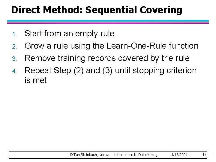 Direct Method: Sequential Covering 1. 2. 3. 4. Start from an empty rule Grow