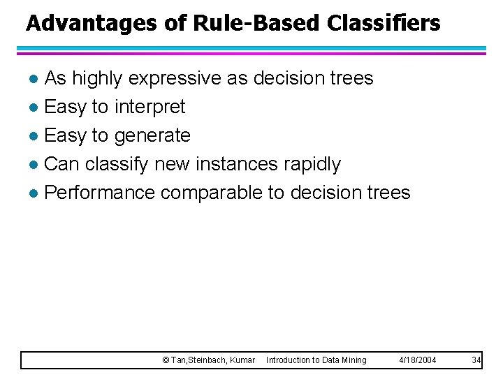 Advantages of Rule-Based Classifiers As highly expressive as decision trees l Easy to interpret