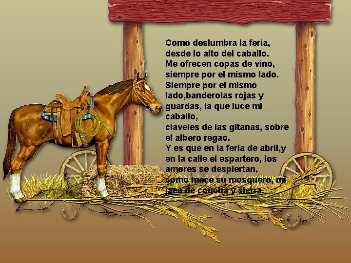 Como deslumbra la feria, desde lo alto del caballo. Me ofrecen copas de vino, Como deslumbra la feria, desde lo alto del caballo. Me ofrecen copas de vino,