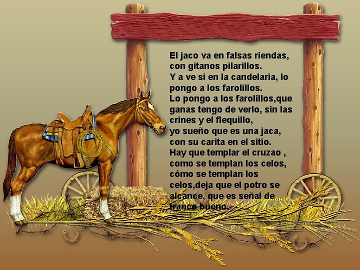 El jaco va en falsas riendas, con gitanos pilarillos. Y a ve si en El jaco va en falsas riendas, con gitanos pilarillos. Y a ve si en