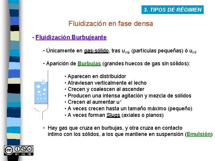 3. TIPOS DE RÉGIMEN Fluidización en fase densa • Fluidización Burbujeante • Únicamente en