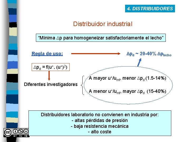 4. DISTRIBUIDORES Distribuidor industrial “Mínima Dp para homogeneizar satisfactoriamente el lecho” Regla de uso: