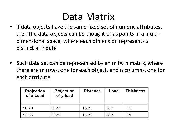 Data Matrix • If data objects have the same fixed set of numeric attributes,