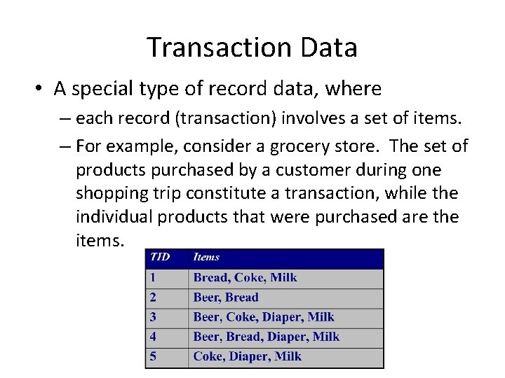 Transaction Data • A special type of record data, where – each record (transaction)