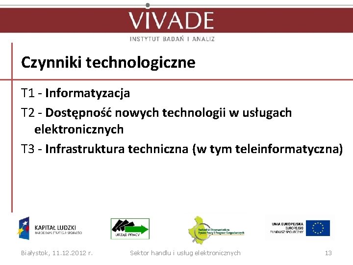 Czynniki technologiczne T 1 - Informatyzacja T 2 - Dostępność nowych technologii w usługach
