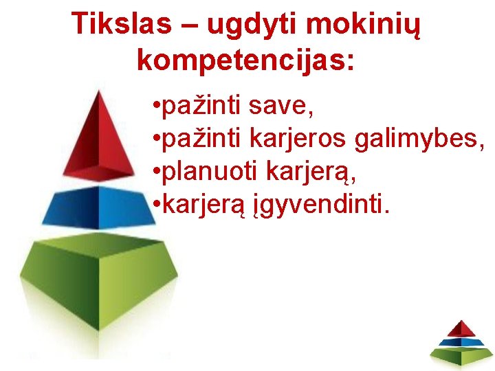 Tikslas – ugdyti mokinių kompetencijas: • pažinti save, • pažinti karjeros galimybes, • planuoti