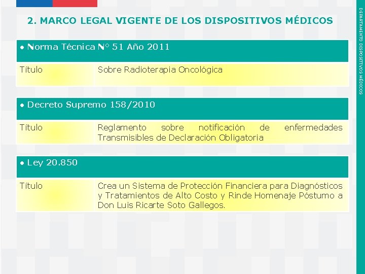 ● Norma Técnica N° 51 Año 2011 Título Sobre Radioterapia Oncológica ● Decreto Supremo