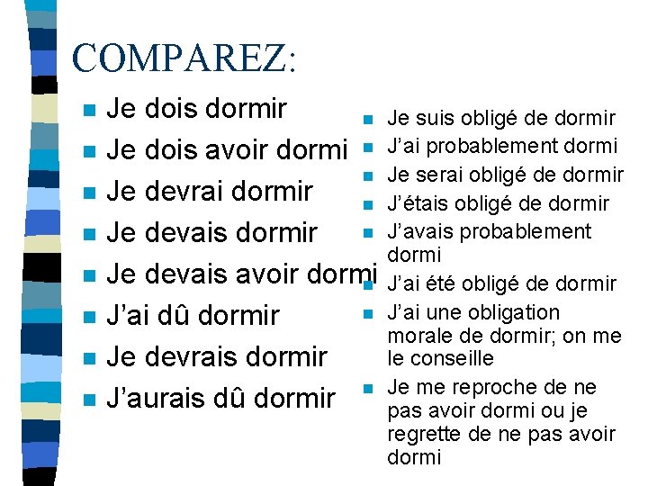 COMPAREZ: n n n n Je dois dormir n Je dois avoir dormi n COMPAREZ: n n n n Je dois dormir n Je dois avoir dormi n