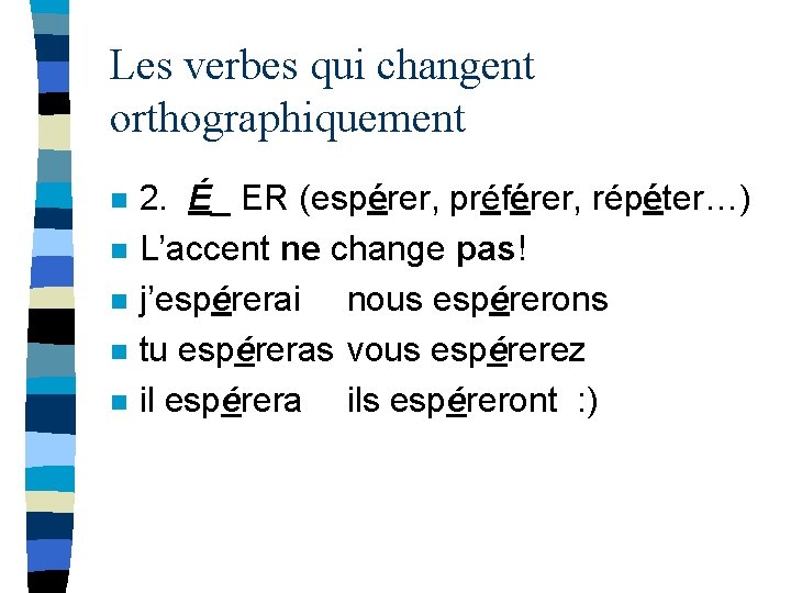 Les verbes qui changent orthographiquement n n n 2. É_ ER (espérer, préférer, répéter…) Les verbes qui changent orthographiquement n n n 2. É_ ER (espérer, préférer, répéter…)