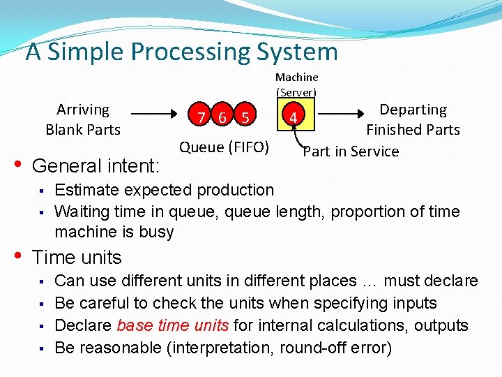 A Simple Processing System Arriving Blank Parts • General intent: § § • Machine