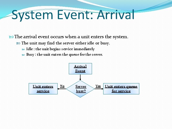 System Event: Arrival The arrival event occurs when a unit enters the system. The