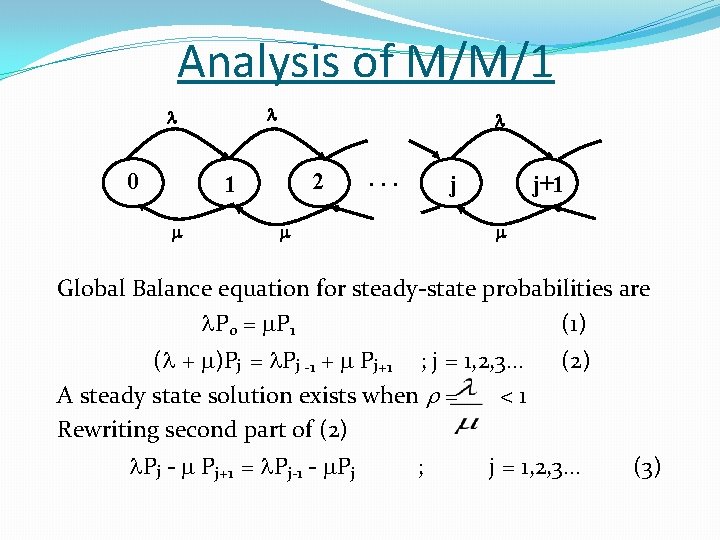 Analysis of M/M/1 0 2 1 . . . j j+1 Global Balance equation