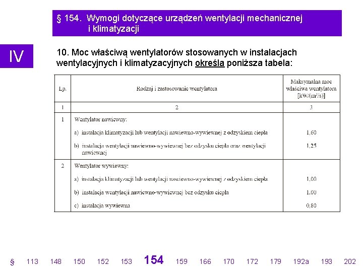 § 154. Wymogi dotyczące urządzeń wentylacji mechanicznej i klimatyzacji 10. Moc właściwą wentylatorów stosowanych