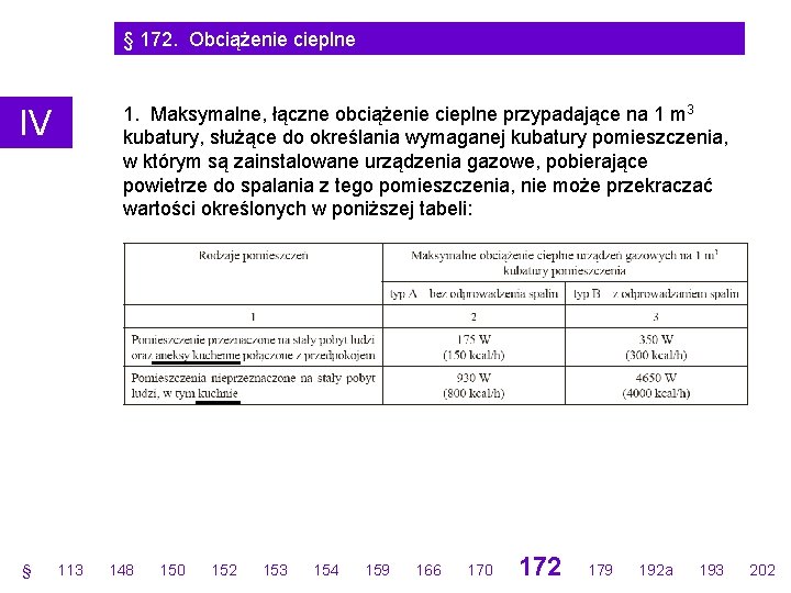 § 172. Obciążenie cieplne 1. Maksymalne, łączne obciążenie cieplne przypadające na 1 m 3