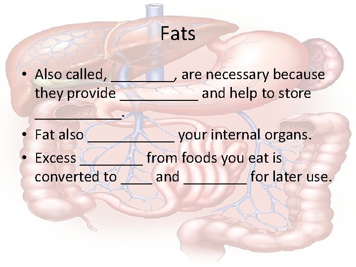 Fats • Also called, ____, are necessary because they provide _____ and help to