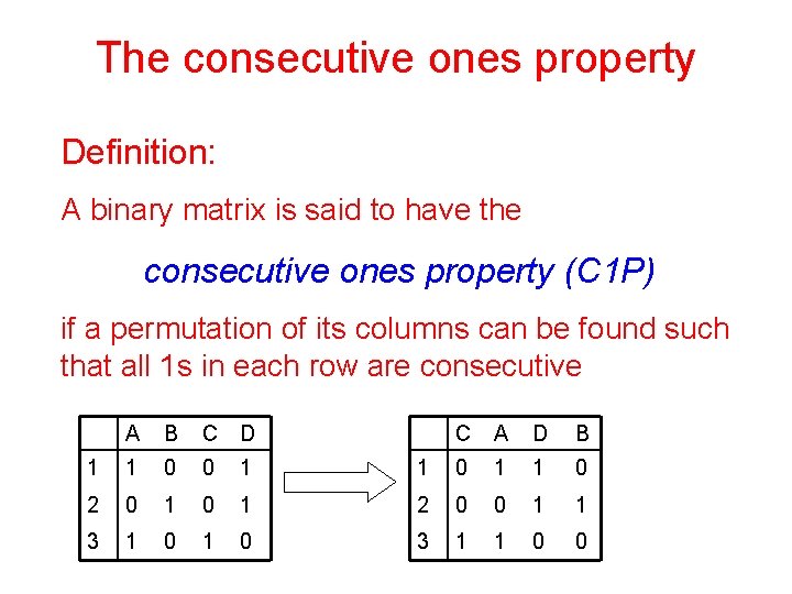 The consecutive ones property Definition: A binary matrix is said to have the consecutive