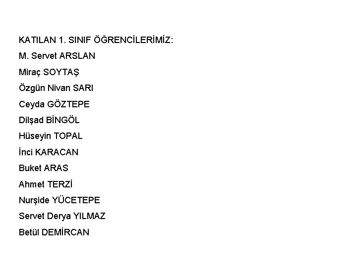 KATILAN 1. SINIF ÖĞRENCİLERİMİZ: M. Servet ARSLAN Miraç SOYTAŞ Özgün Nivan SARI Ceyda GÖZTEPE