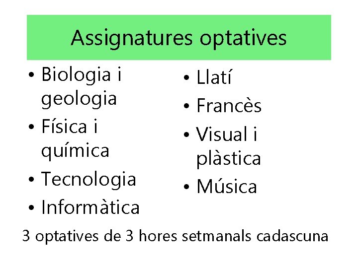 Assignatures optatives • Biologia i geologia • Física i química • Tecnologia • Informàtica Assignatures optatives • Biologia i geologia • Física i química • Tecnologia • Informàtica