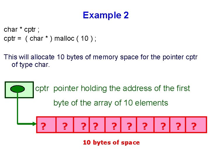 Example 2 char * cptr ; cptr = ( char * ) malloc (