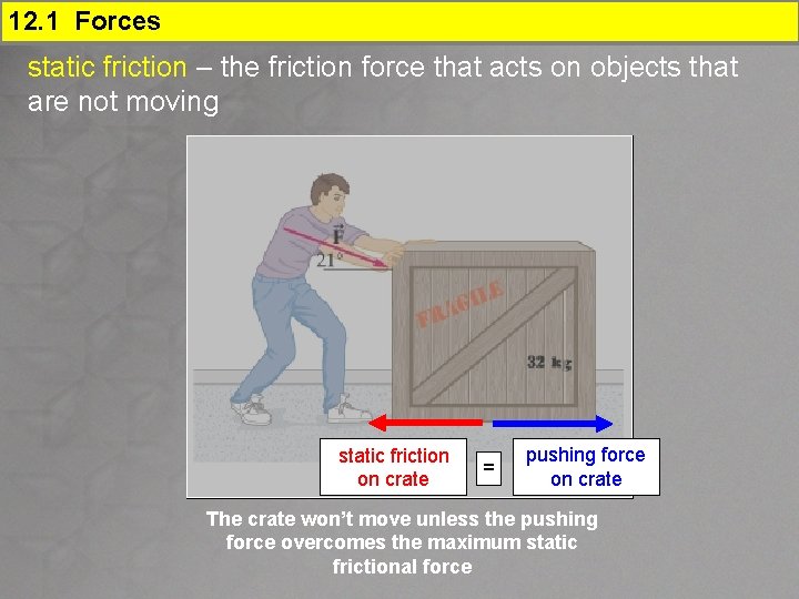 12. 1 Forces static friction – the friction force that acts on objects that