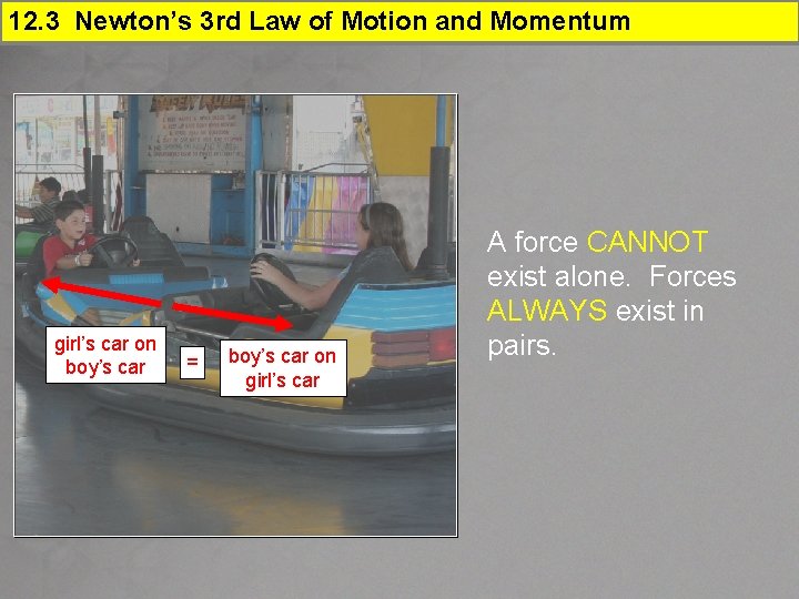 12. 3 Newton’s 3 rd Law of Motion and Momentum girl’s car on boy’s
