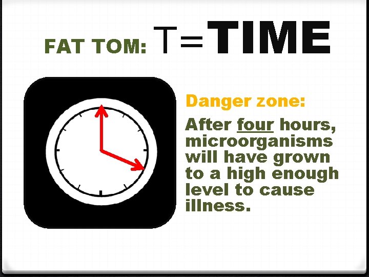 FAT TOM: T=TIME Danger zone: After four hours, microorganisms will have grown to a