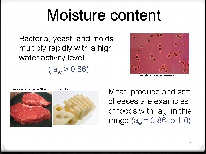 Moisture content Bacteria, yeast, and molds multiply rapidly with a high water activity level.