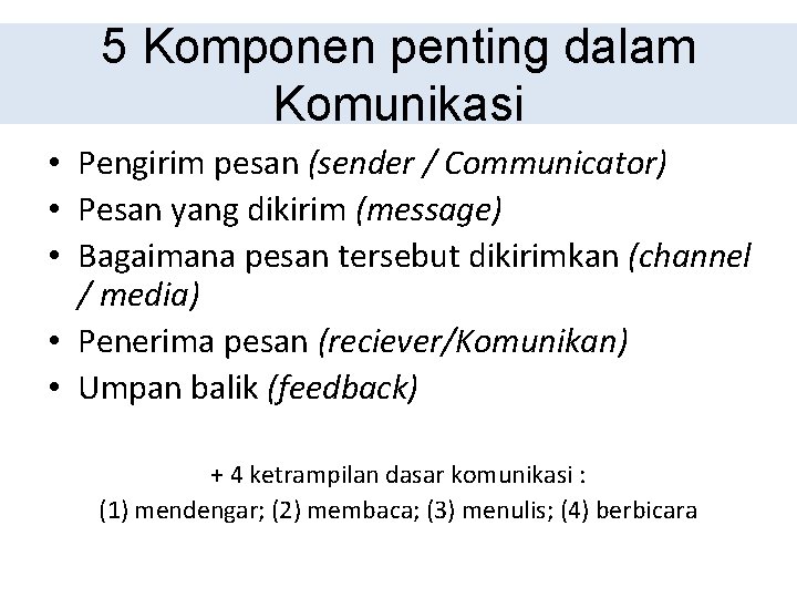 5 Komponen penting dalam Komunikasi • Pengirim pesan (sender / Communicator) • Pesan yang