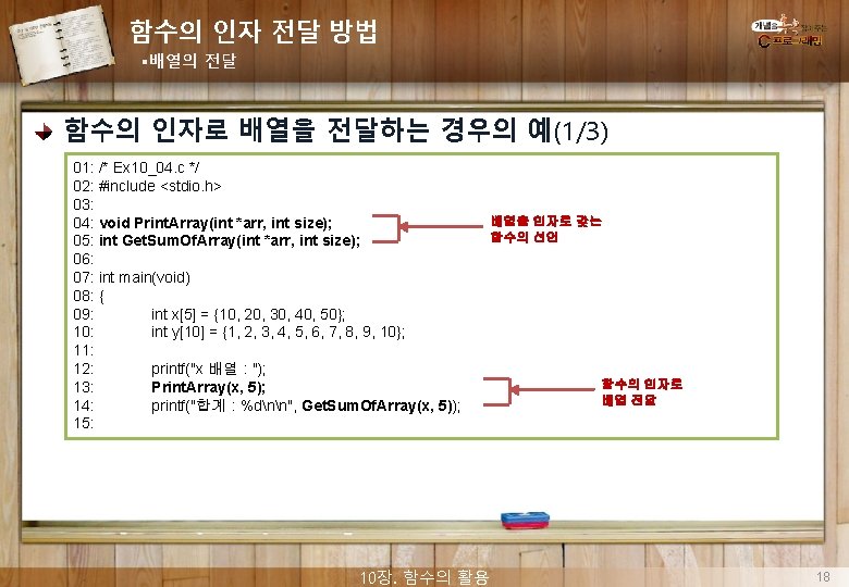 함수의 인자 전달 방법 §배열의 전달 함수의 인자로 배열을 전달하는 경우의 예(1/3) 01: /*