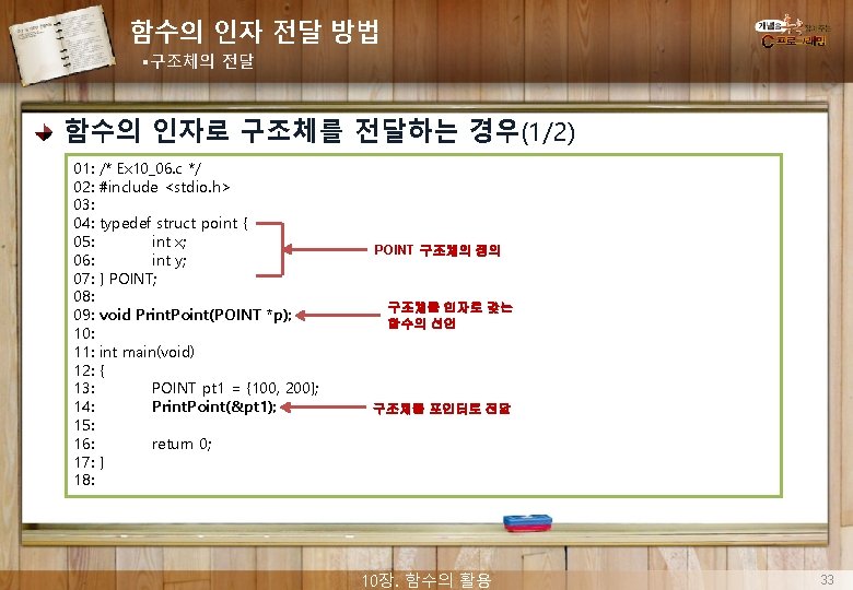 함수의 인자 전달 방법 §구조체의 전달 함수의 인자로 구조체를 전달하는 경우(1/2) 01: 02: 03: