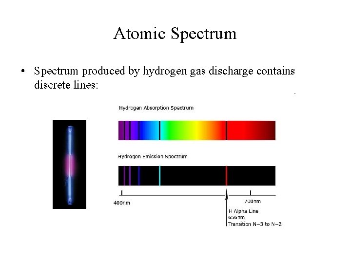 Atomic Spectrum • Spectrum produced by hydrogen gas discharge contains discrete lines: 