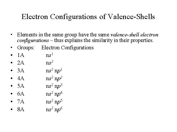 Electron Configurations of Valence-Shells • Elements in the same group have the same valence-shell