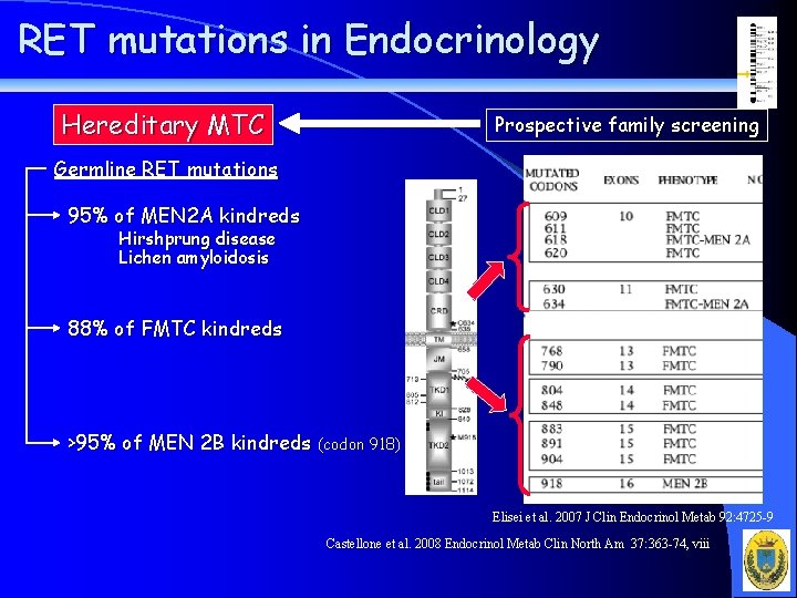 RET mutations in Endocrinology Hereditary MTC Prospective family screening Germline RET mutations 95% of