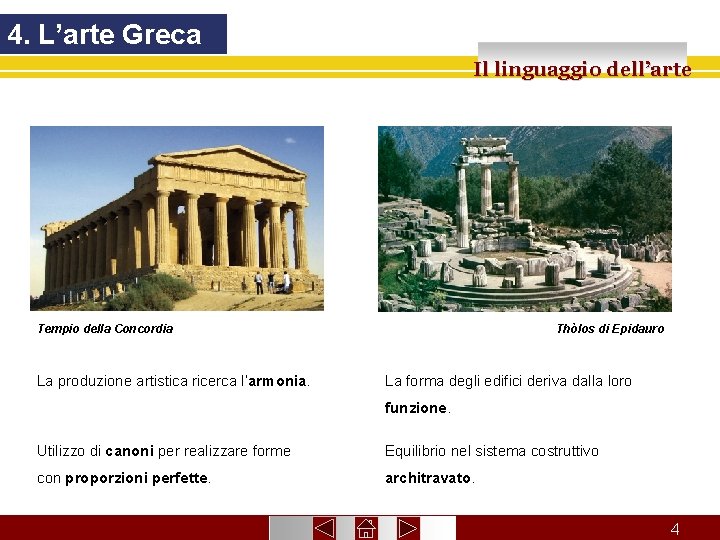 4. L’arte Greca Il linguaggio dell’arte Tempio della Concordia La produzione artistica ricerca l’armonia.