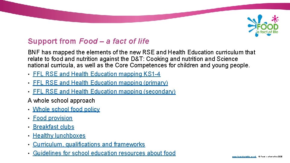 Support from Food – a fact of life BNF has mapped the elements of