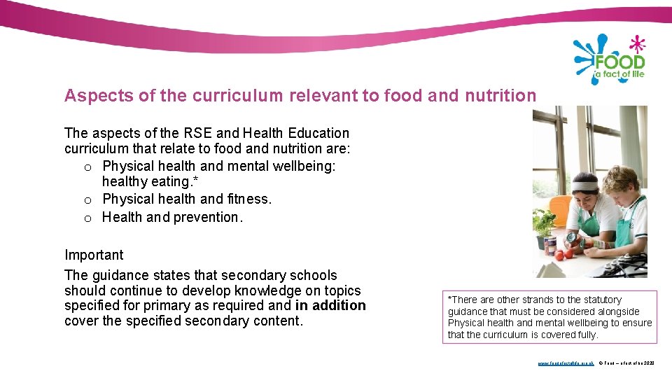 Aspects of the curriculum relevant to food and nutrition The aspects of the RSE